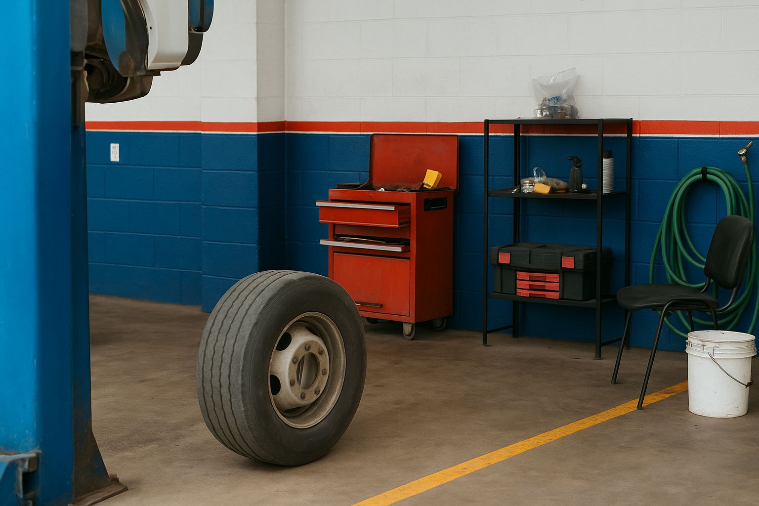 En välordnad däckverkstad med nya däck och utrustning redo för service.