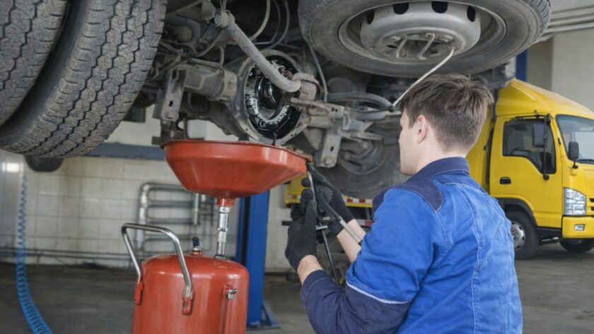 Mekaniker i blå arbetskläder utför underhåll på undersidan av en lastbil.